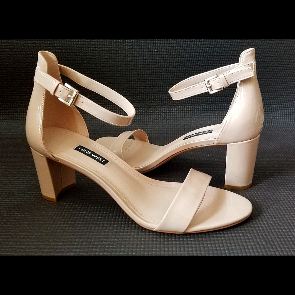 New Size 10 Nine West Pruce Ankle Strap Block Heel Sandals Nude Leather